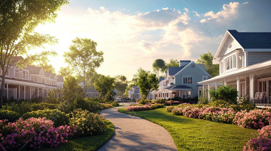 Rua residencial arborizada com casas e jardins floridos ao pôr do sol