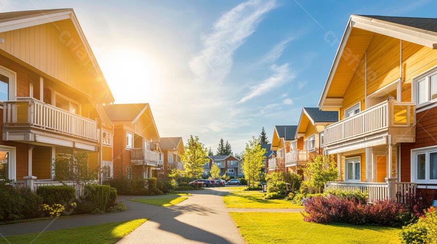Casas geminadas modernas em rua residencial ensolarada com gramado verde