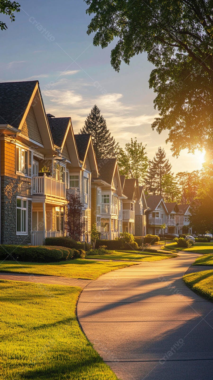 Casas suburbanas iluminadas pelo sol dourado do entardecer