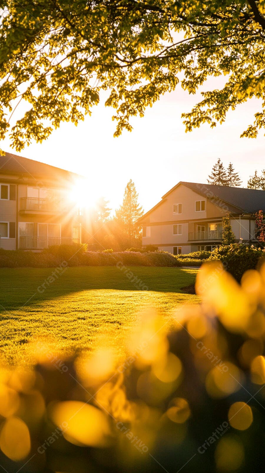 Casas residenciais com gramado verde iluminadas pelo sol dourado ao amanhecer