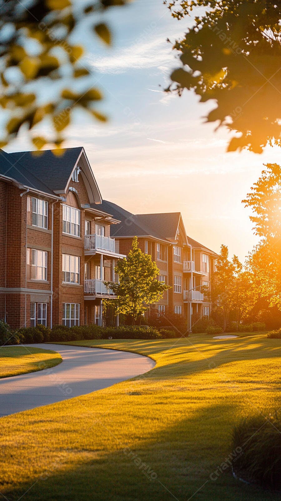 Prédios residenciais de tijolos com gramado verde ao pôr do sol dourado