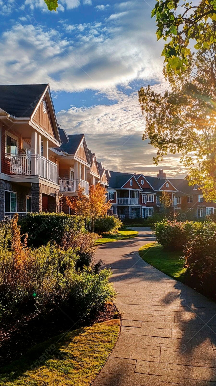 Rua residencial com casas modernas e jardins ao pôr do sol dourado
