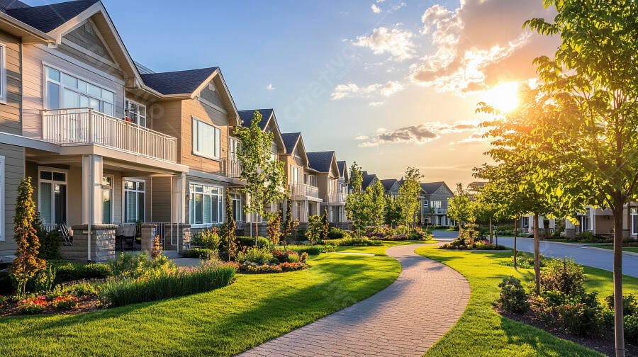 Bairro residencial com casas modernas e jardins verdes sob o sol dourado da tarde