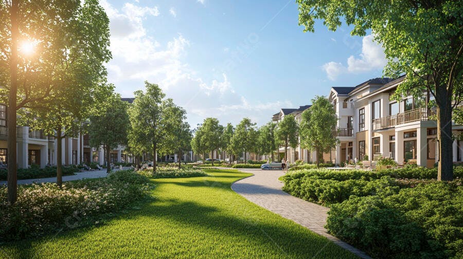 Condomínio residencial moderno com jardins e casas luxuosas sob sol vibrante