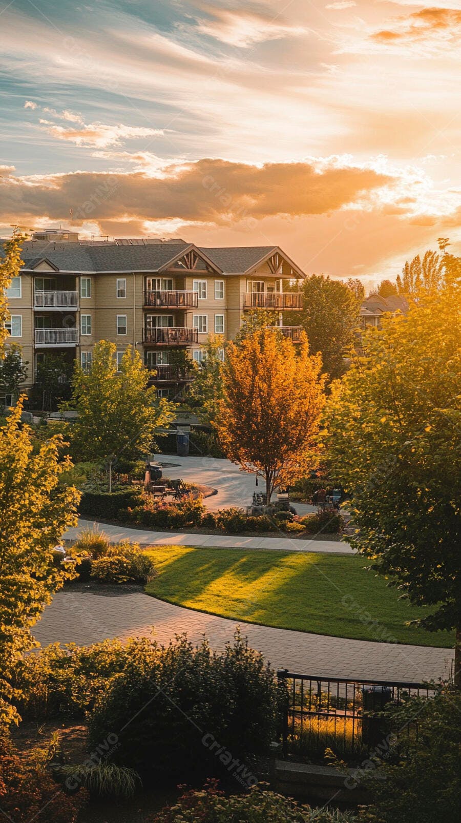 Edifício residencial com varandas e jardim verde sob pôr do sol dourado