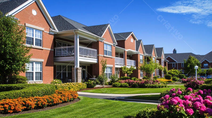 Apartamentos de tijolos vermelhos com jardins floridos em dia ensolarado