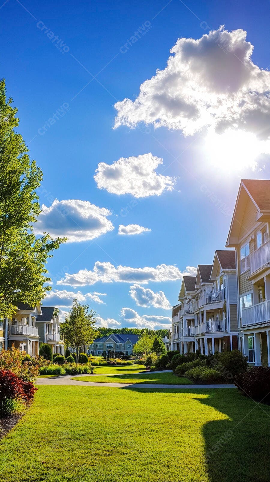 Condomínio residencial moderno com gramado verde sob céu azul ensolarado