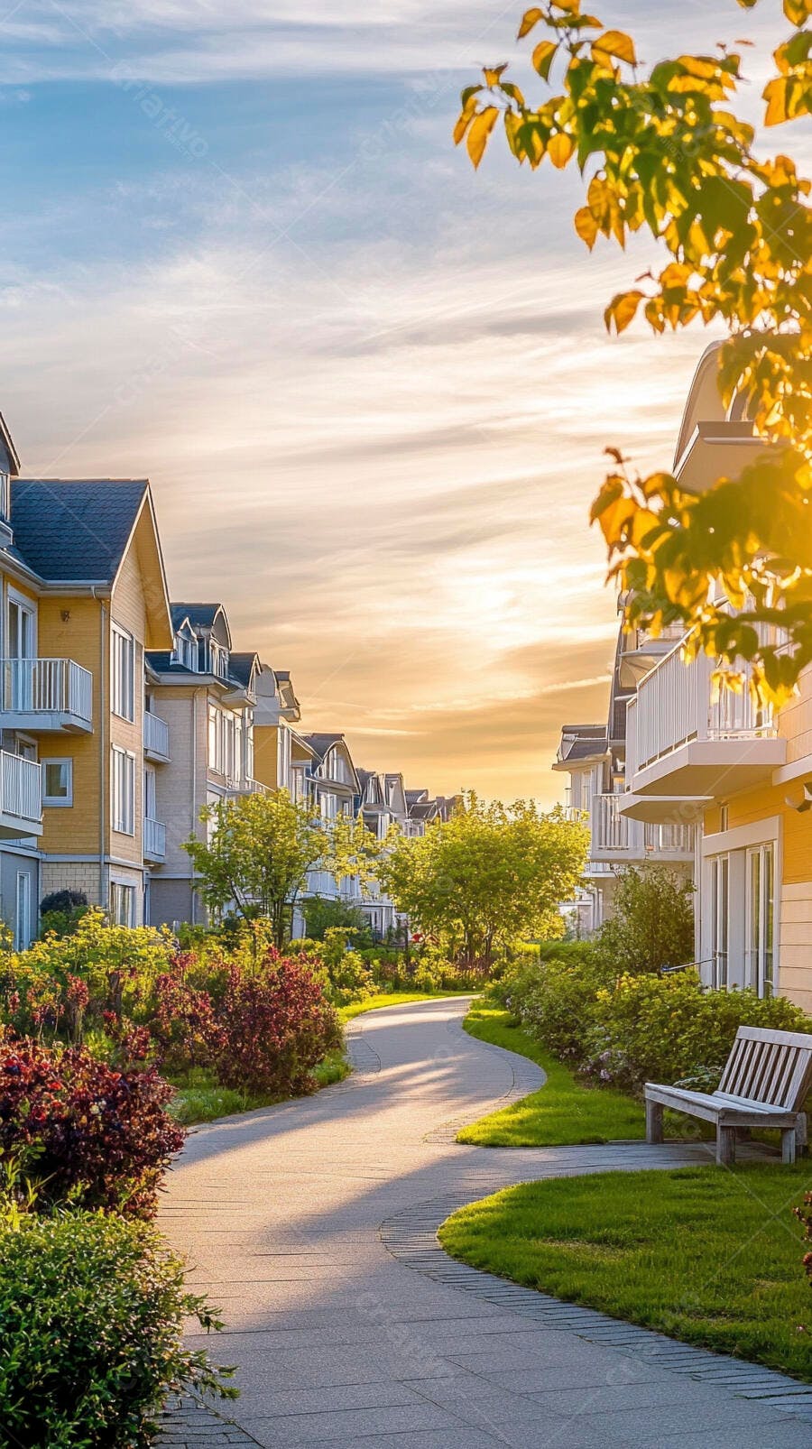 Bairro residencial com casas geminadas sob o sol dourado do entardecer