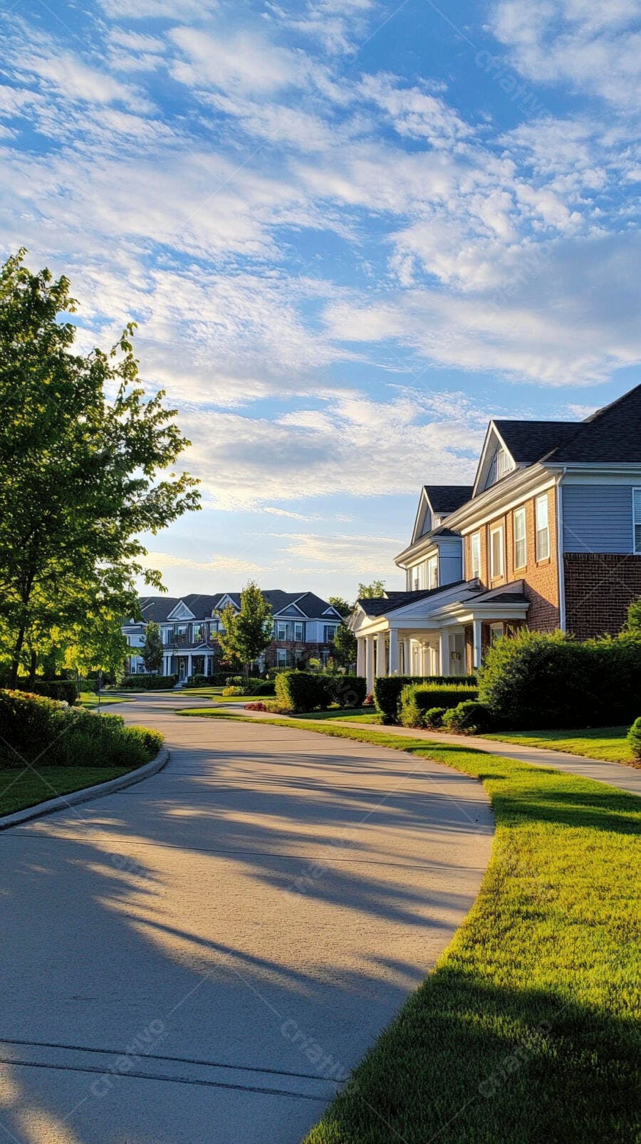 Bairro residencial americano com casas de tijolo e rua curva ao sol da manhã
