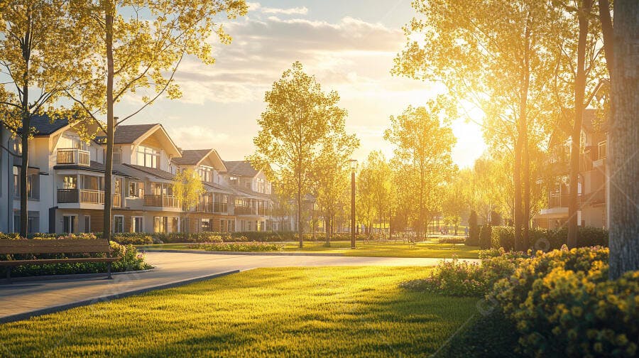 Comunidade residencial moderna com parque ao pôr do sol dourado