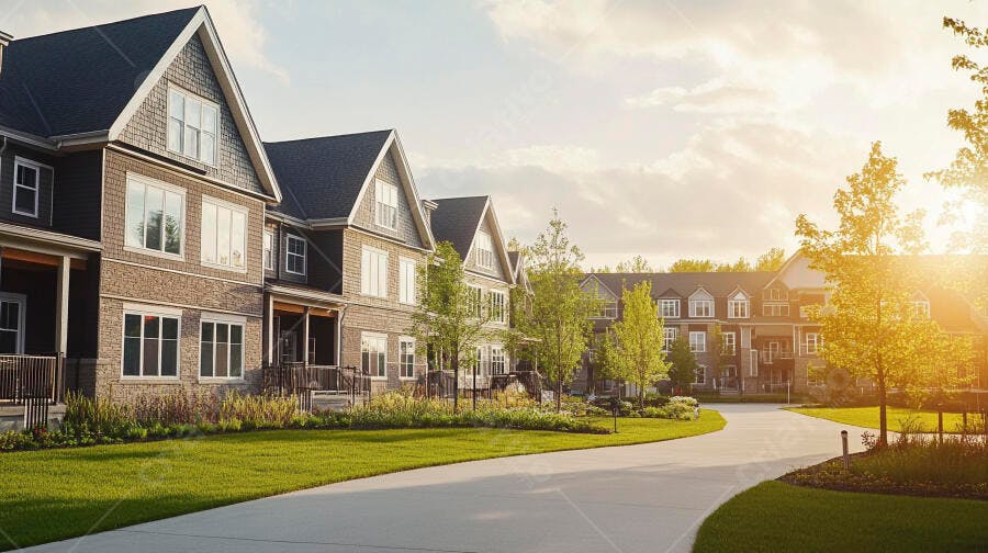 Casas modernas cinzas em rua residencial com gramado verde sob sol dourado