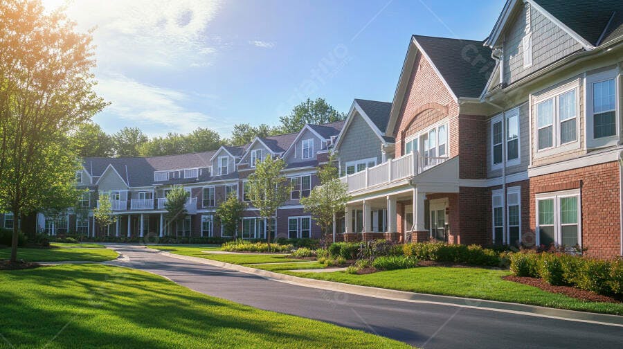 Edifícios residenciais modernos com gramado verde e céu azul em dia de sol