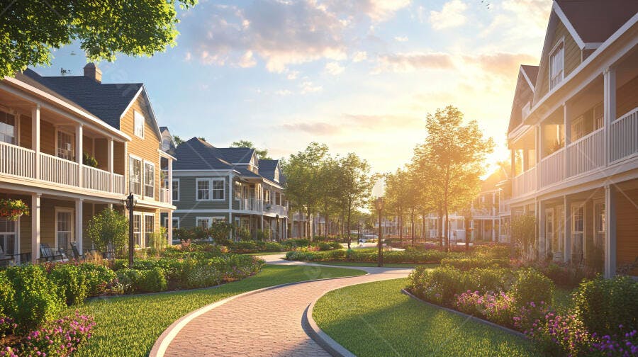 Casas residenciais modernas com jardim e caminho no pôr do sol dourado