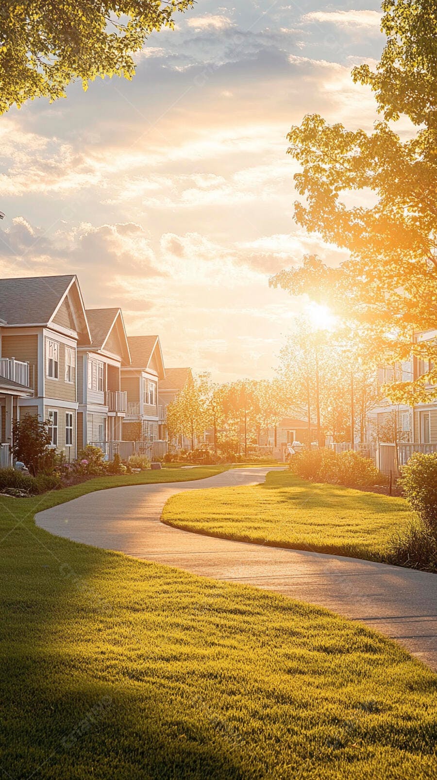 Bairro residencial com casas modernas e caminho curvo ao amanhecer dourado