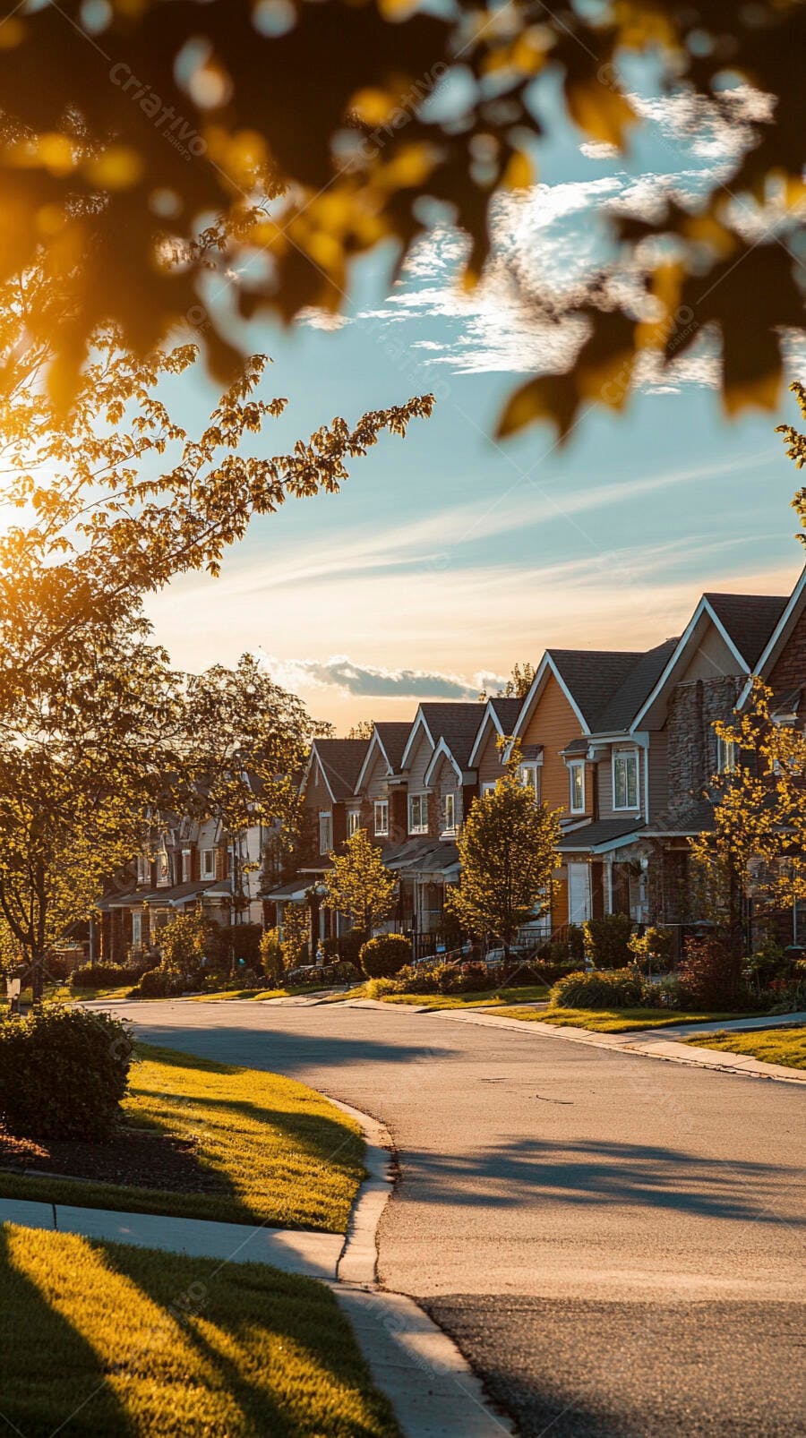 Casas suburbanas ao entardecer em rua tranquila com árvores outonais
