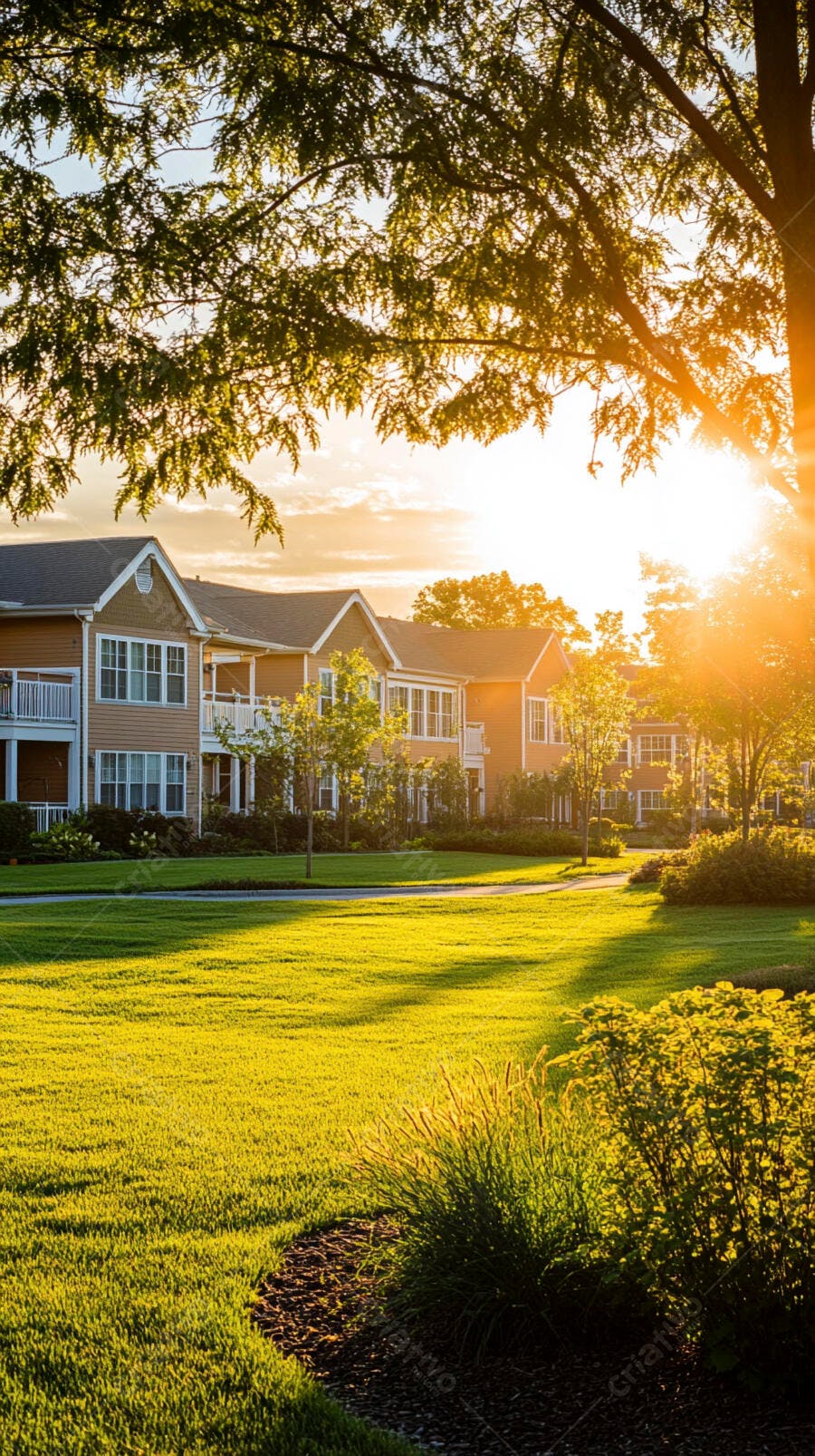 Edifícios residenciais e gramado verde ao pôr do sol dourado