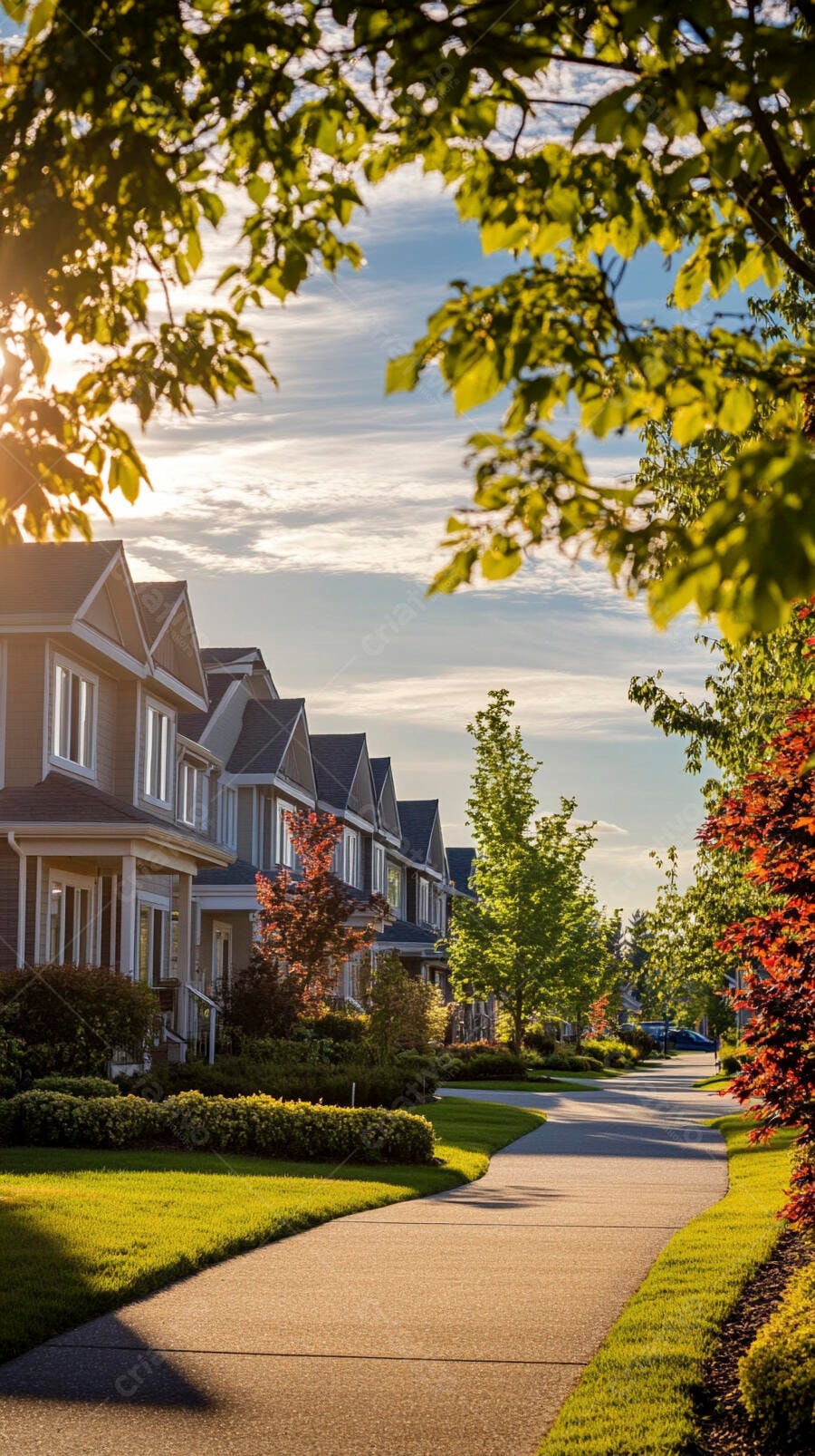 Bairro residencial com casas e árvores em pôr do sol dourado