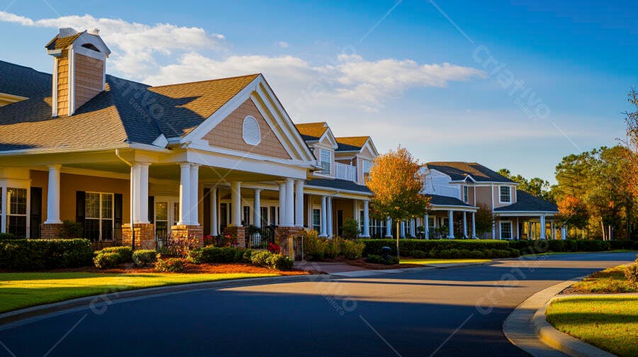 Bairro residencial com casas americanas e árvores outonais sob sol