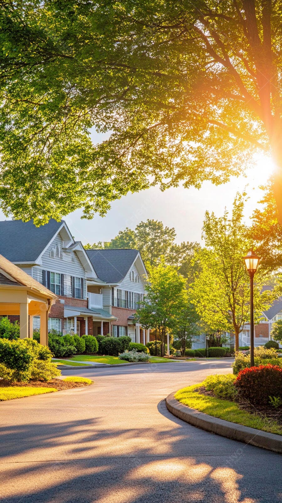 Rua residencial ensolarada em bairro suburbano com casas e árvores