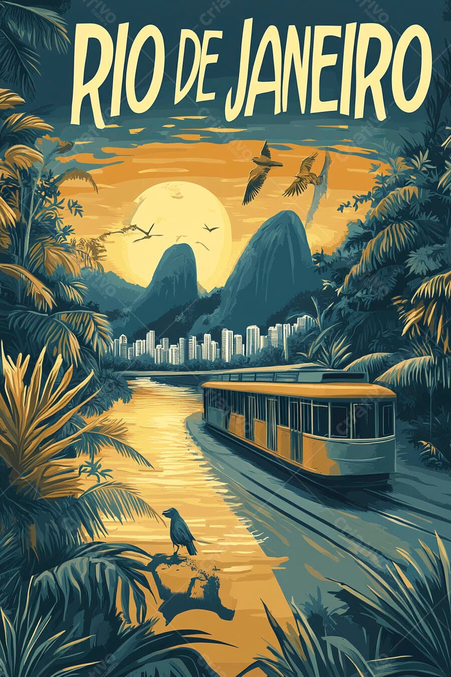 Bondinho amarelo no Rio de Janeiro paisagem tropical ao pôr do sol