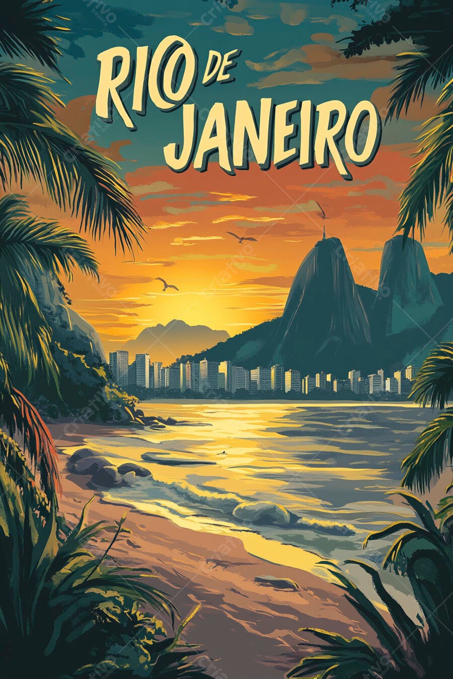 Rio de Janeiro paisagem pôr do sol tropical na praia com montanhas e coqueiros