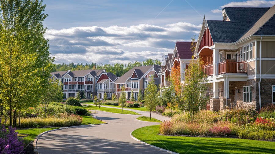 Bairro residencial moderno com casas e jardins floridos sob céu azul