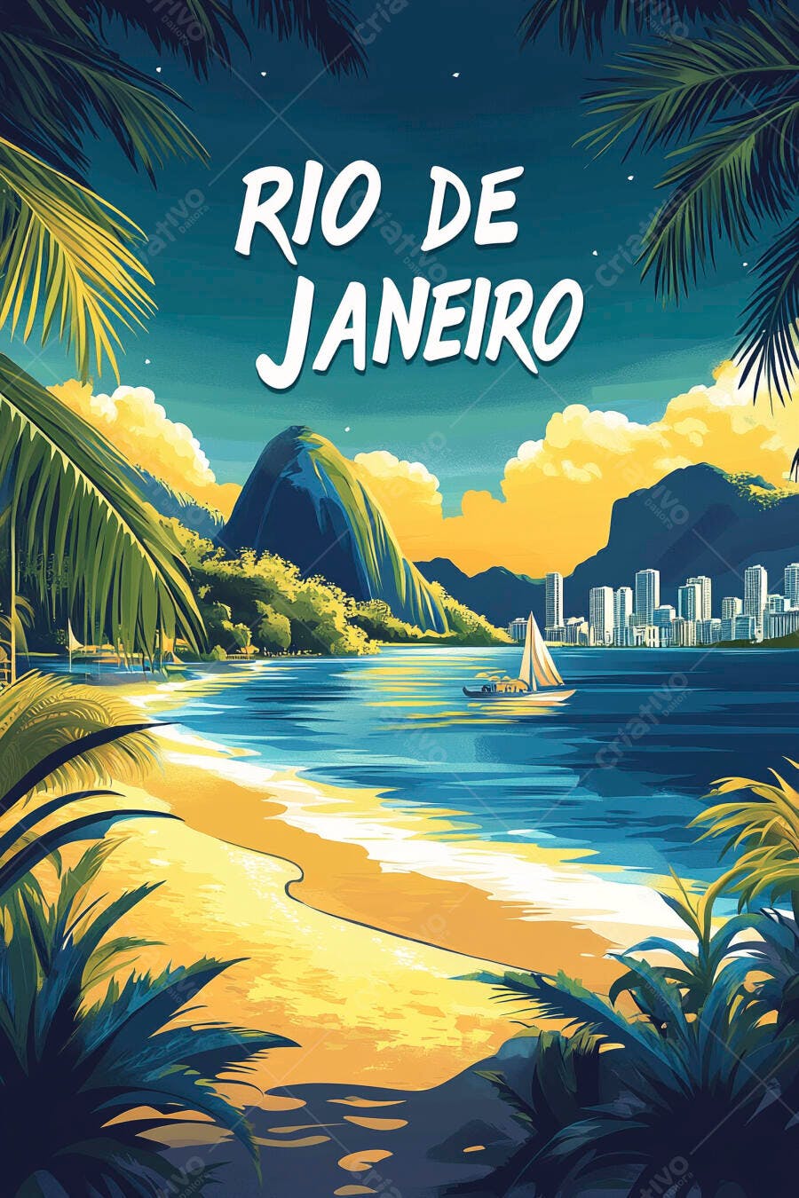 Rio de Janeiro ilustração de praia montanhas cidade barco a vela e palmeiras