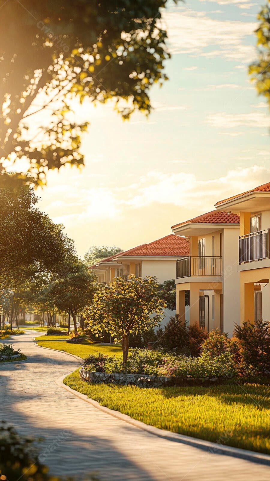 Bairro residencial com casas modernas e telhados laranjas sob luz dourada do sol