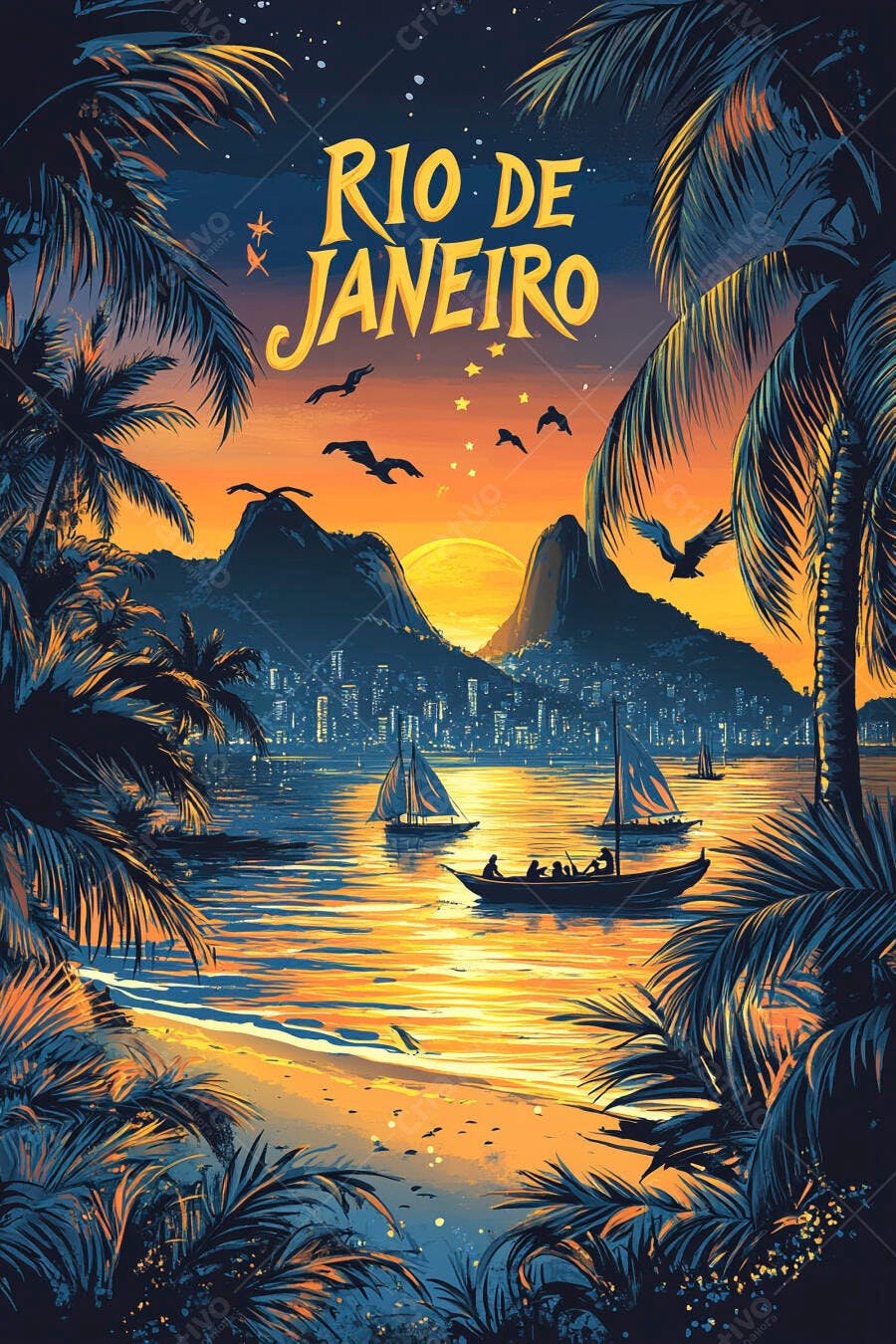 Rio de Janeiro pôr do sol laranja com palmeiras, barcos na baía e montanhas icônicas