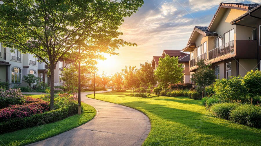Bairro residencial moderno com casas sob o sol da manhã ou entardecer
