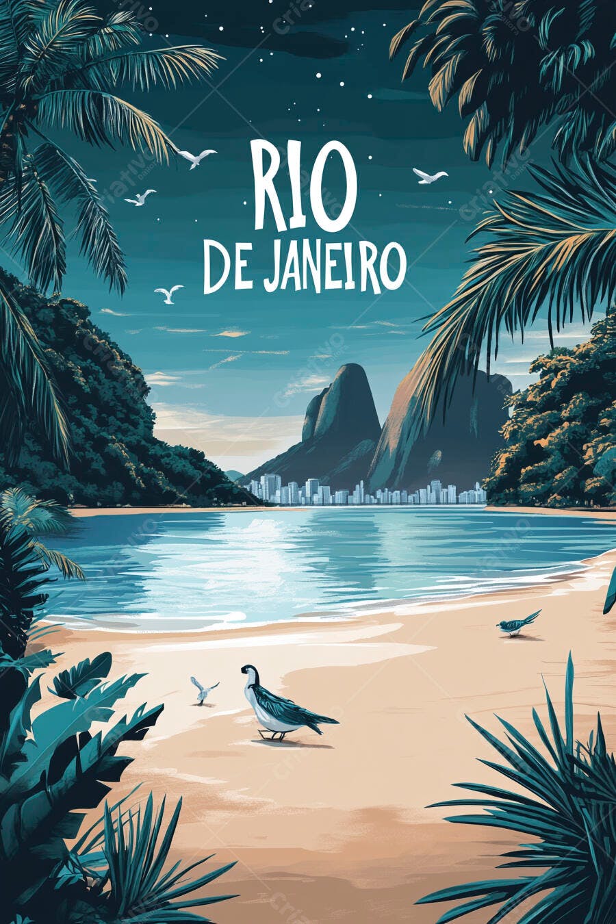 Rio de Janeiro paisagem tropical ilustrada com praia azul montanhas e palmeiras