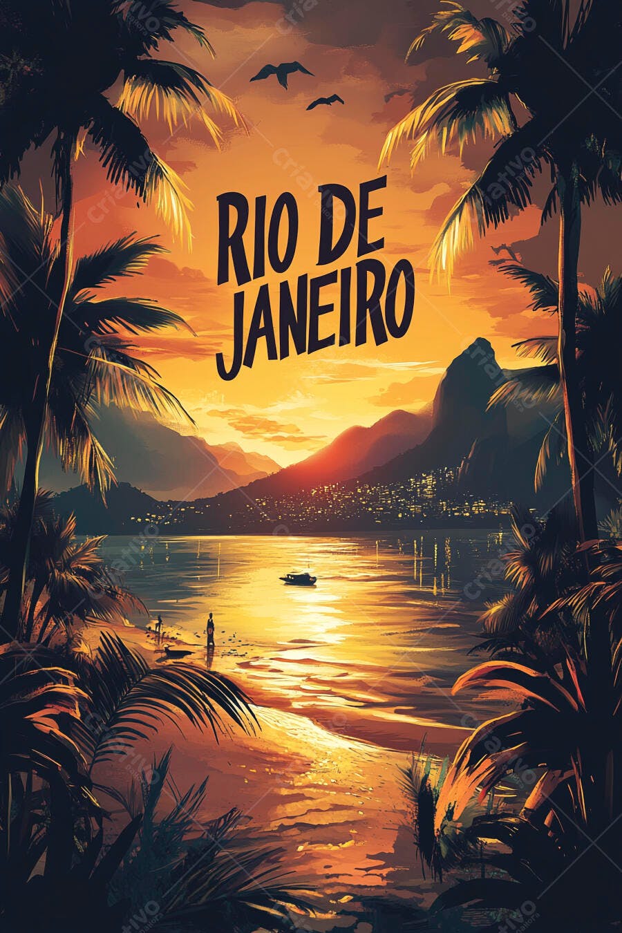 Rio de Janeiro pôr do sol laranja dourado em baía tropical com palmeiras e montanhas