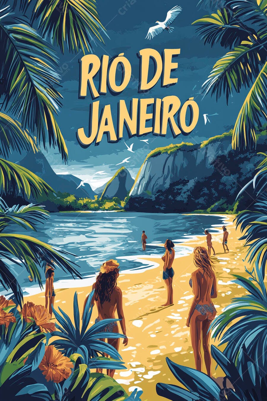 Cartaz vintage Rio de Janeiro praia tropical com pessoas e montanhas vibrantes