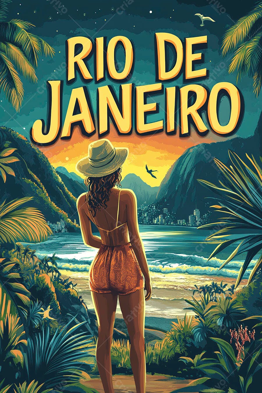 Mulher com chapéu admirando o pôr do sol na praia do Rio de Janeiro