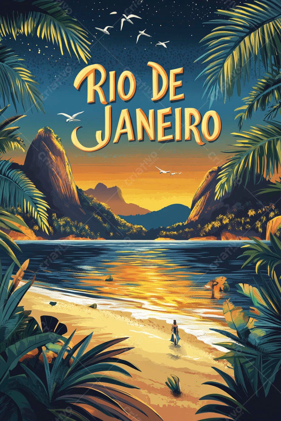 Rio de Janeiro ilustração turística com pôr do sol praia e Pão de Açúcar