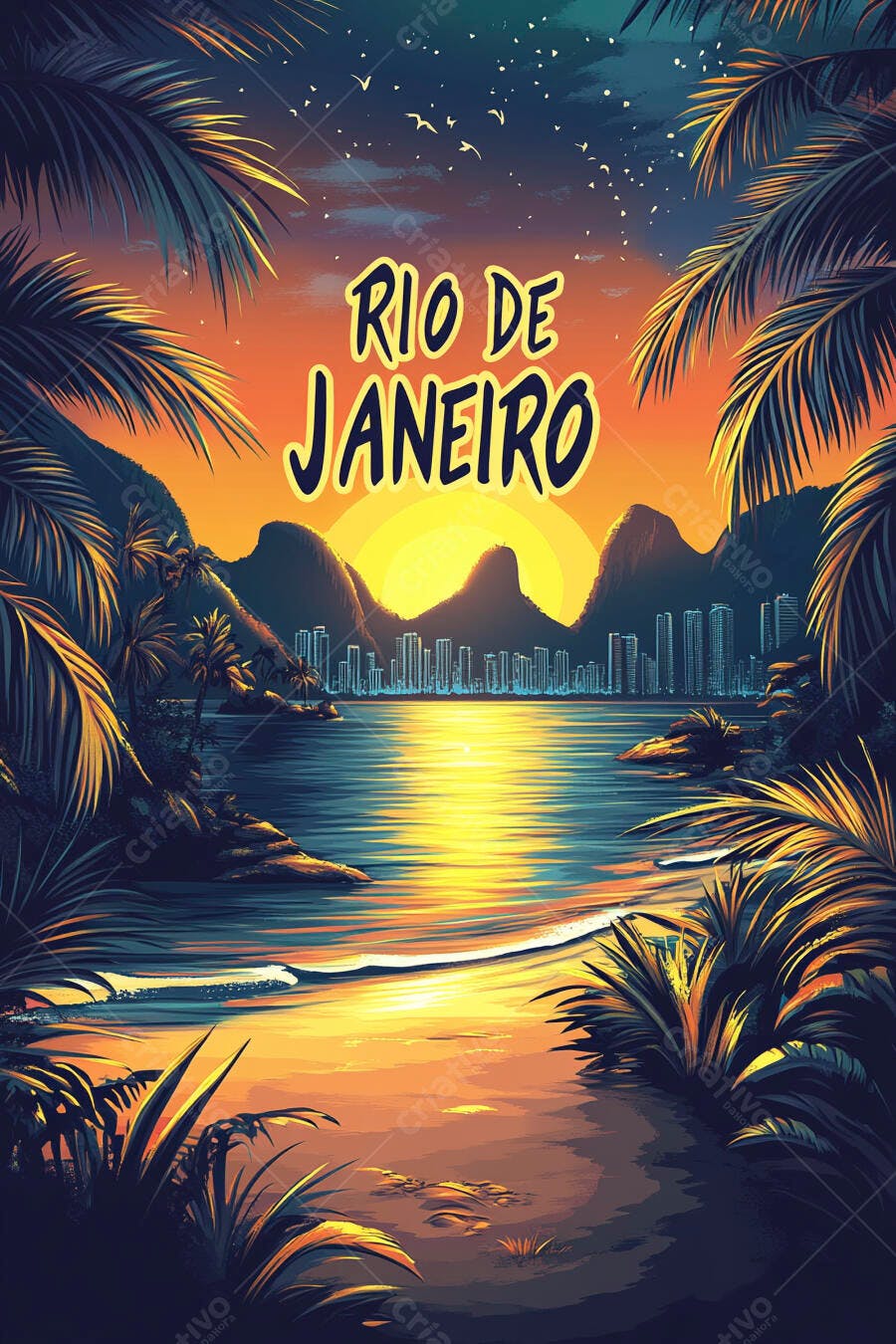 Ilustração Rio de Janeiro pôr do sol vibrante praia tropical montanhas icônicas