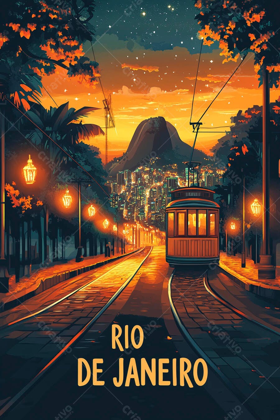 Bonde histórico no Rio de Janeiro ao pôr do sol colorido