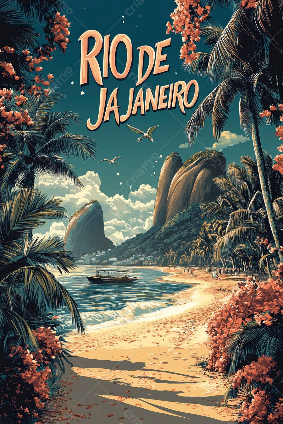 Rio de Janeiro ilustração vista da praia com Pão de Açúcar palmeiras e mar azul turquesa