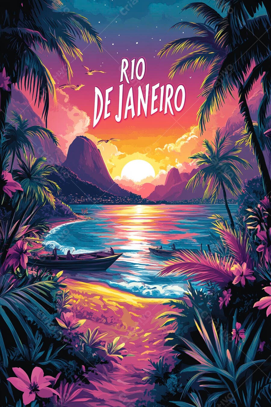 Pôr do sol tropical no Rio de Janeiro com montanhas e praia exuberante
