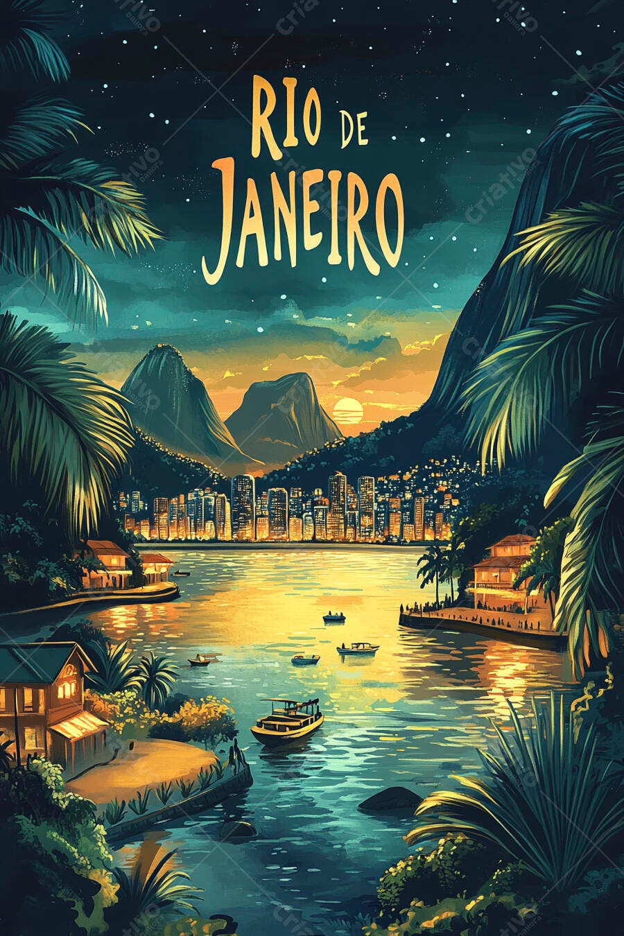 Rio de Janeiro cidade tropical com montanhas e baía ao pôr do sol vibrante