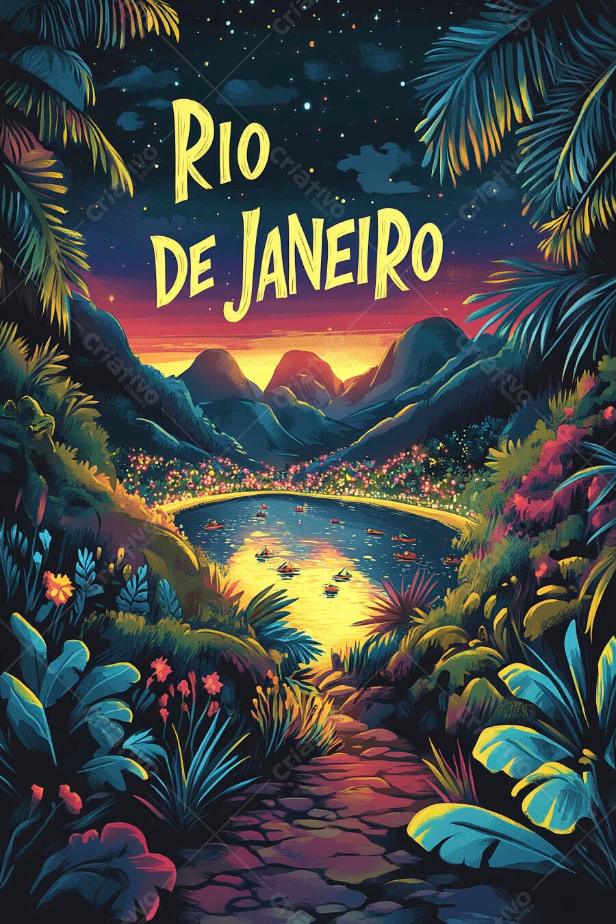 Arte Rio de Janeiro paisagem noturna lago barcos e folhagem tropical