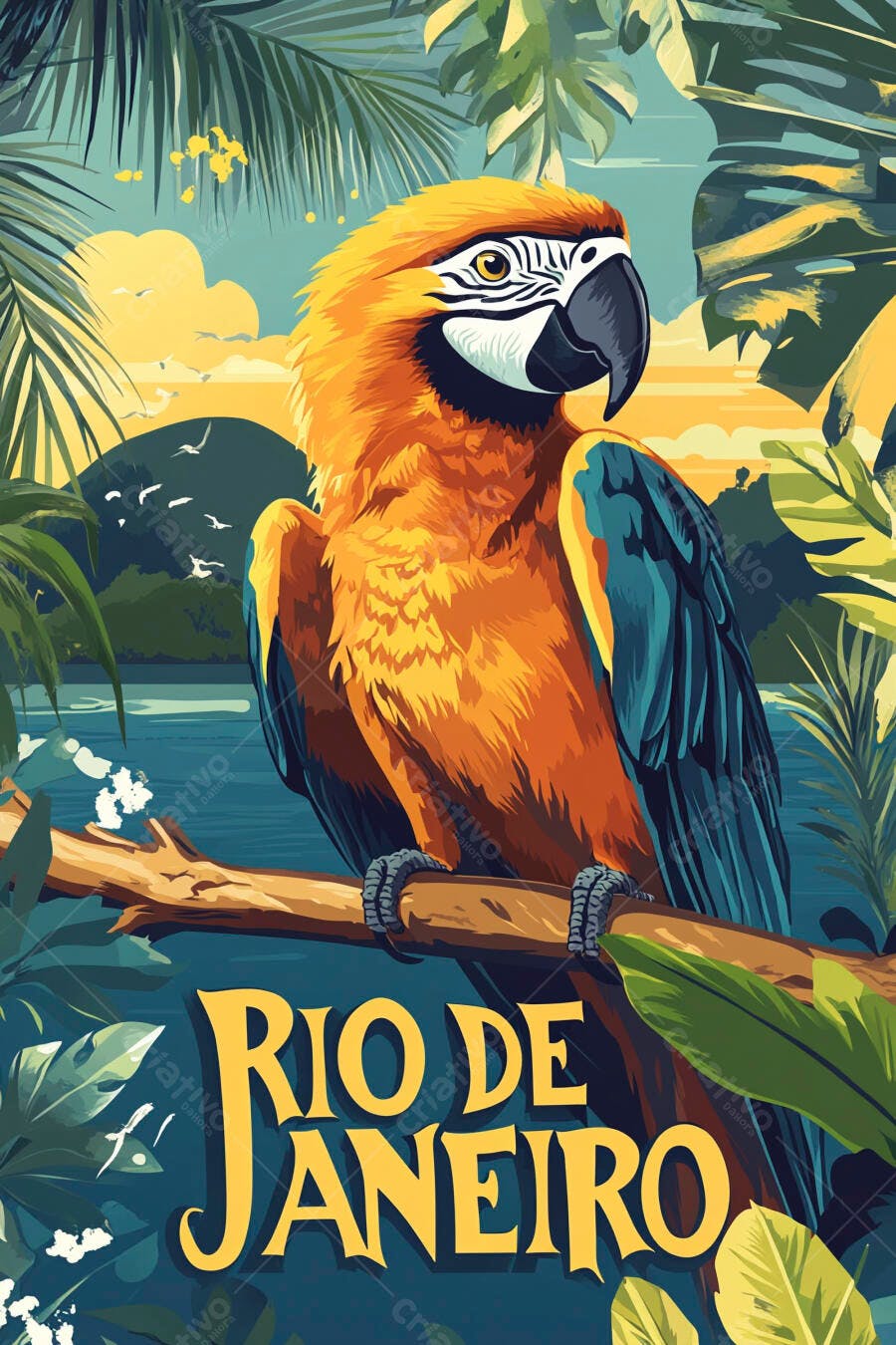 Arara-canindé colorida em galho tropical com paisagem do Rio de Janeiro