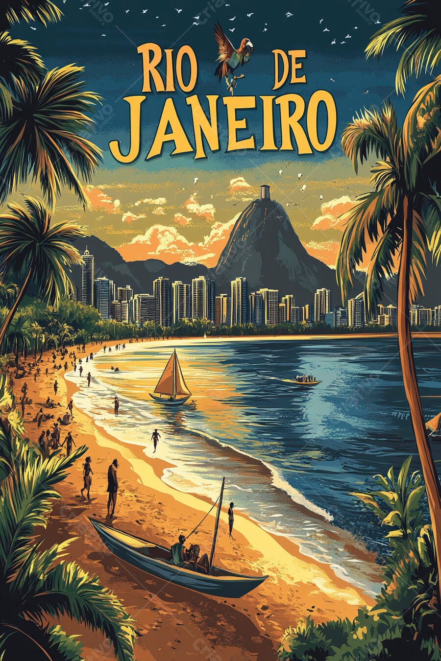 Rio de Janeiro poster ilustração vintage praia Pão de Açúcar e palmeiras