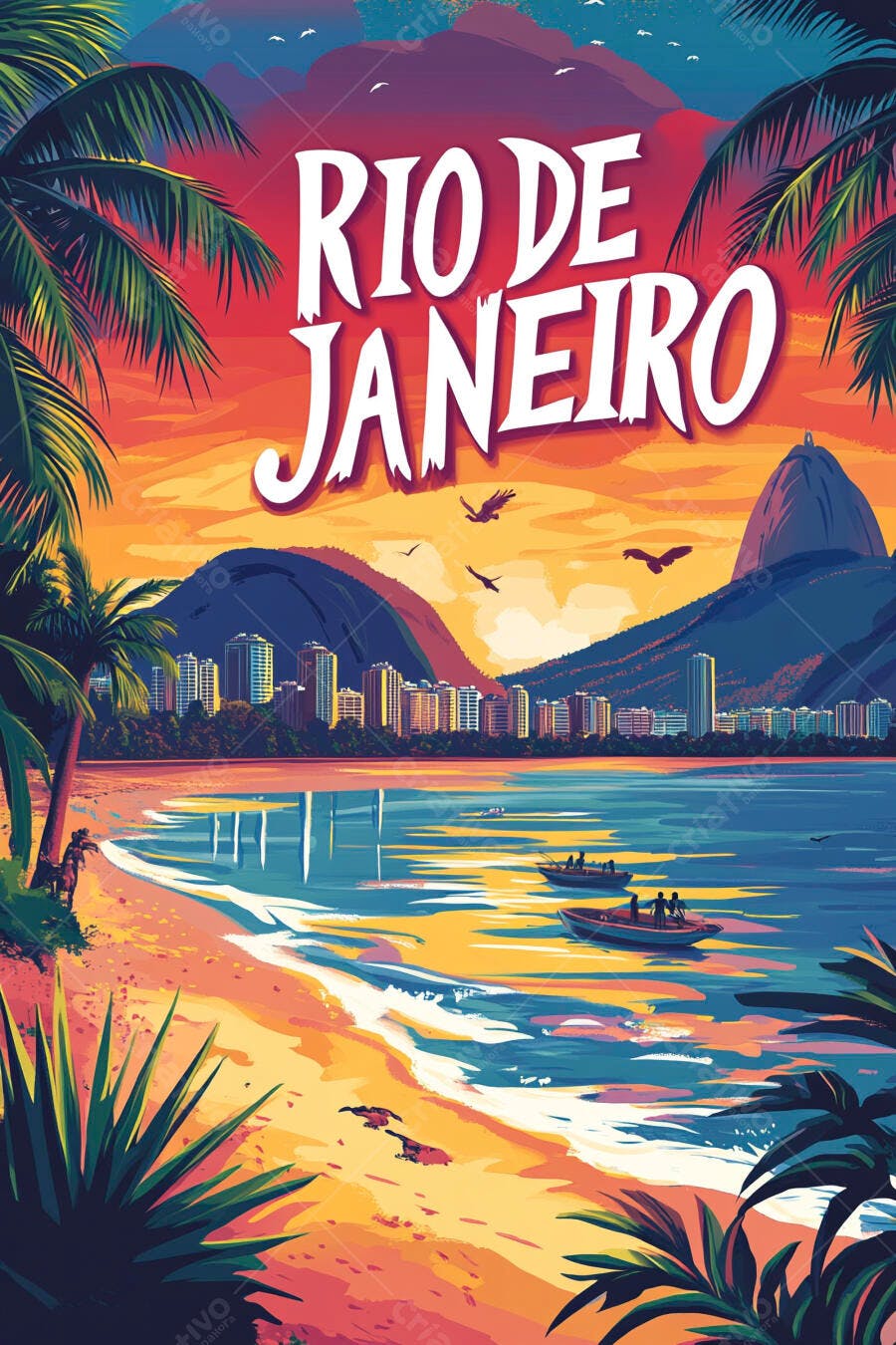 Rio de Janeiro pôr do sol vibrante na praia com montanhas e cidade costeira