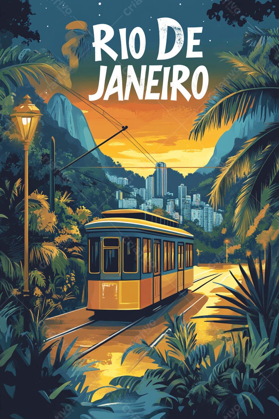Bondinho amarelo e azul em Rio de Janeiro ao por do sol tropical