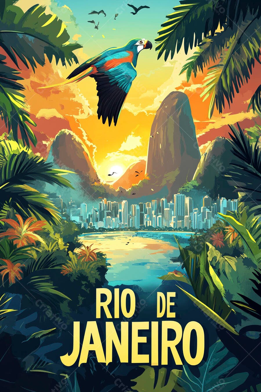 Rio de Janeiro pôr do sol com arara colorida voando sobre a Baía de Guanabara