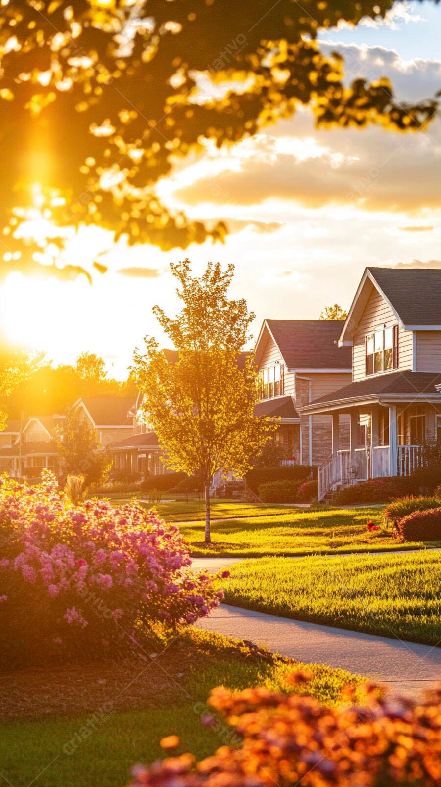 Bairro suburbano casas gramado verde pôr do sol dourado e flores vibrantes