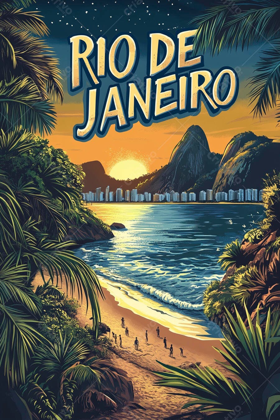 Rio de Janeiro pôr do sol tropical com montanhas e praia arte de pôster