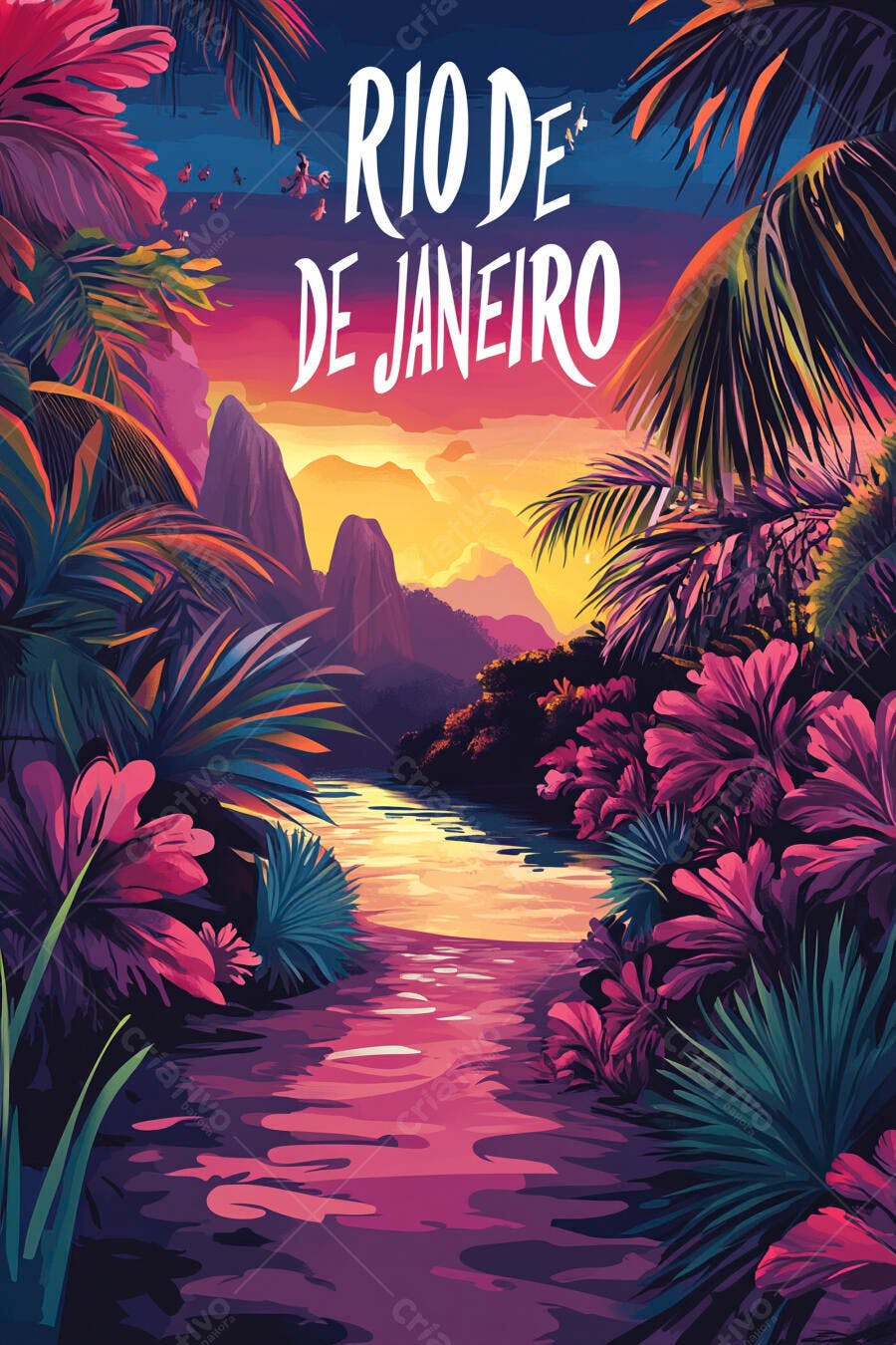 Rio de Janeiro ilustração tropical pôr do sol montanhas e rio