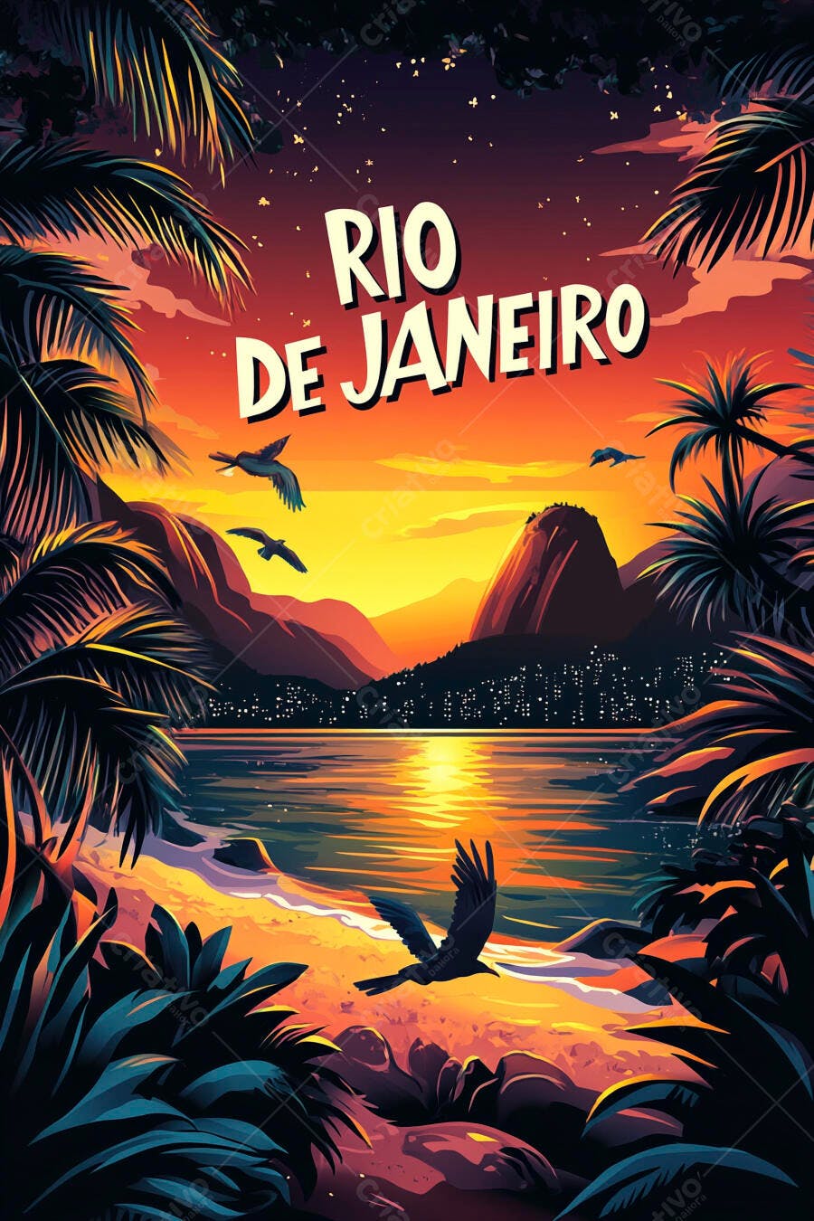 Rio de Janeiro pôr do sol vibrante com Pão de Açúcar praia e palmeiras ilustração